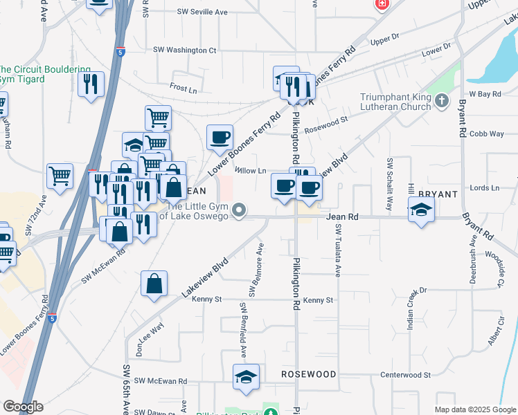 map of restaurants, bars, coffee shops, grocery stores, and more near 5755-5795 Jean Road in Lake Oswego