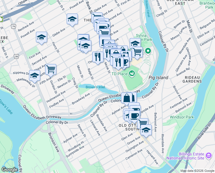 map of restaurants, bars, coffee shops, grocery stores, and more near 27 Wilton Lane in Ottawa