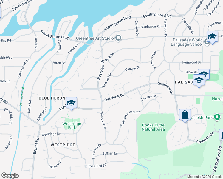 map of restaurants, bars, coffee shops, grocery stores, and more near 17769 Overlook Circle in Lake Oswego