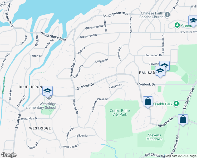 map of restaurants, bars, coffee shops, grocery stores, and more near 2651 Overlook Drive in Lake Oswego