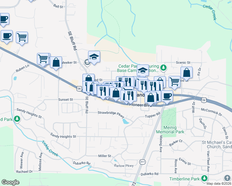 map of restaurants, bars, coffee shops, grocery stores, and more near 38555 Proctor Boulevard in Sandy