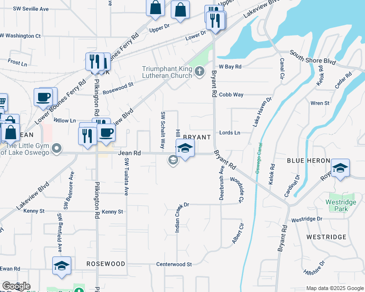 map of restaurants, bars, coffee shops, grocery stores, and more near 4711 Jean Road in Lake Oswego
