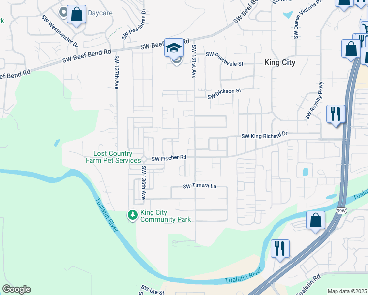 map of restaurants, bars, coffee shops, grocery stores, and more near 16935 Southwest 131st Avenue in King City