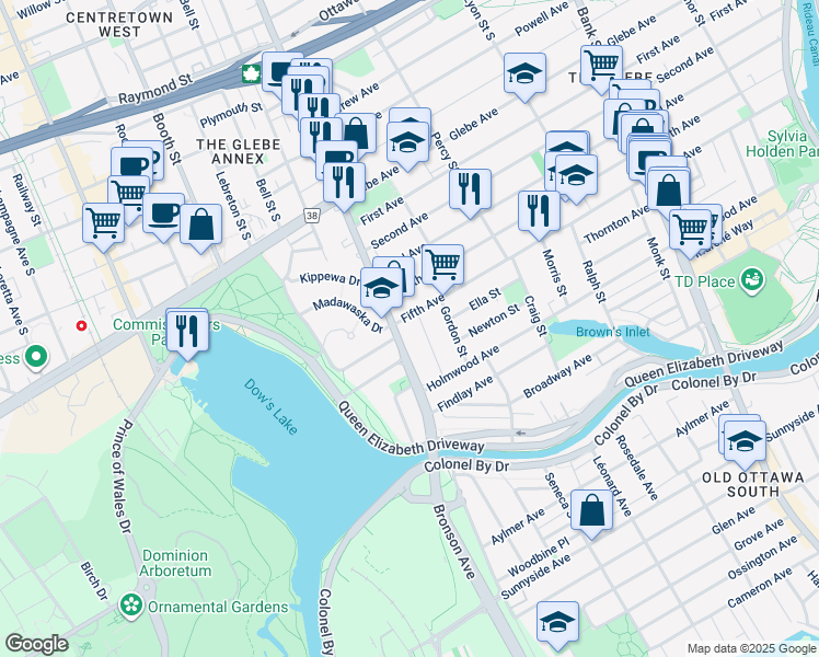 map of restaurants, bars, coffee shops, grocery stores, and more near in Ottawa