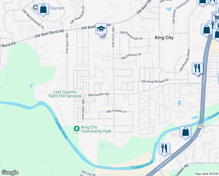 map of restaurants, bars, coffee shops, grocery stores, and more near 16935 Southwest 131st Avenue in King City