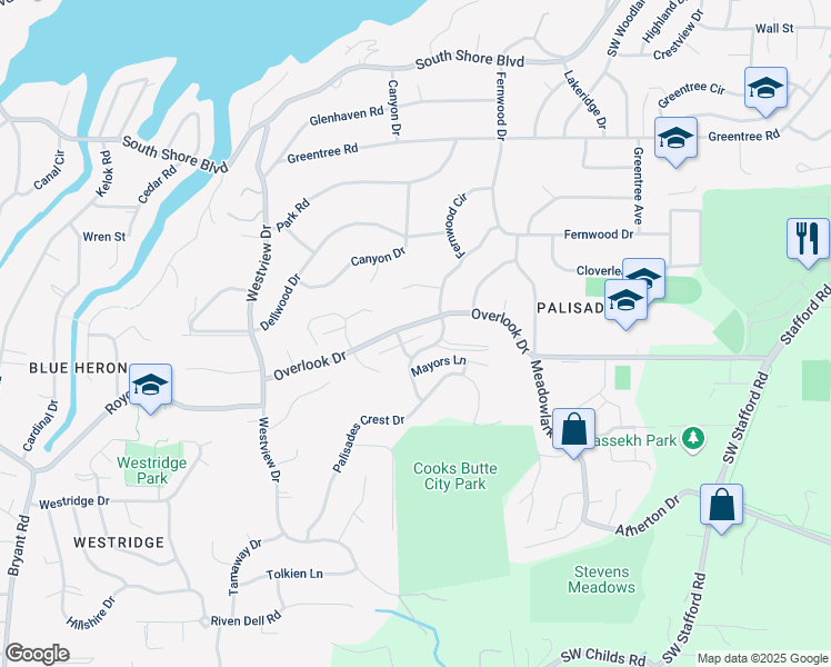 map of restaurants, bars, coffee shops, grocery stores, and more near 17808 Hillside Way in Lake Oswego