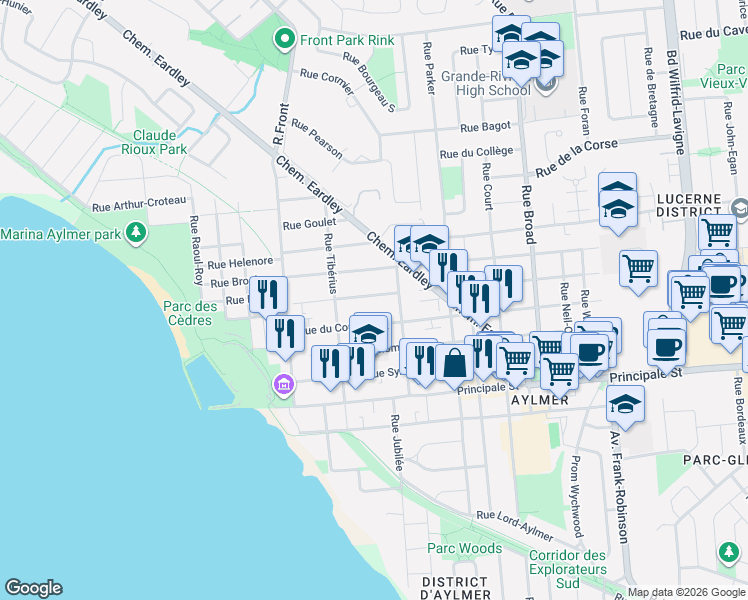 map of restaurants, bars, coffee shops, grocery stores, and more near 26 Rue du Centre in Gatineau