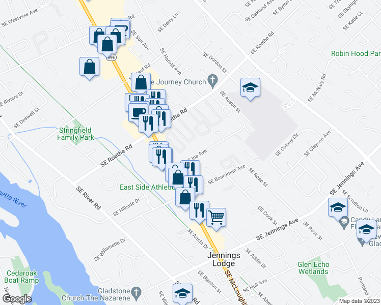 map of restaurants, bars, coffee shops, grocery stores, and more near 4611 Southeast Ina Avenue in Milwaukie