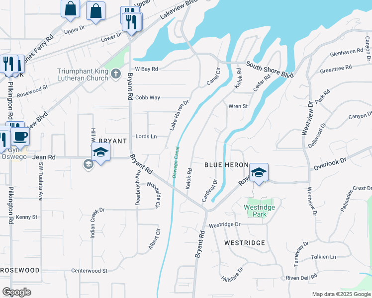 map of restaurants, bars, coffee shops, grocery stores, and more near 17757 Kelok Road in Lake Oswego
