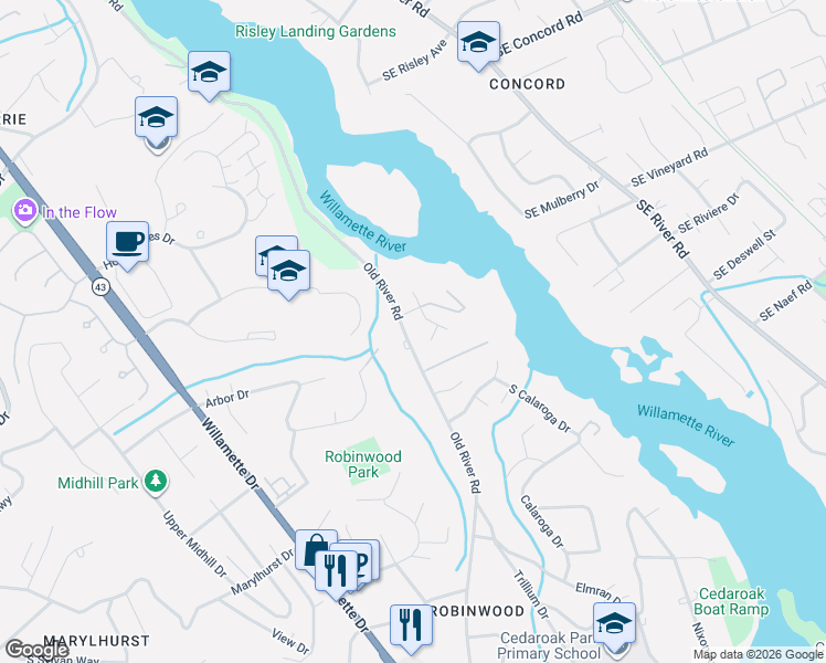 map of restaurants, bars, coffee shops, grocery stores, and more near 3325 Cedar Court in Lake Oswego