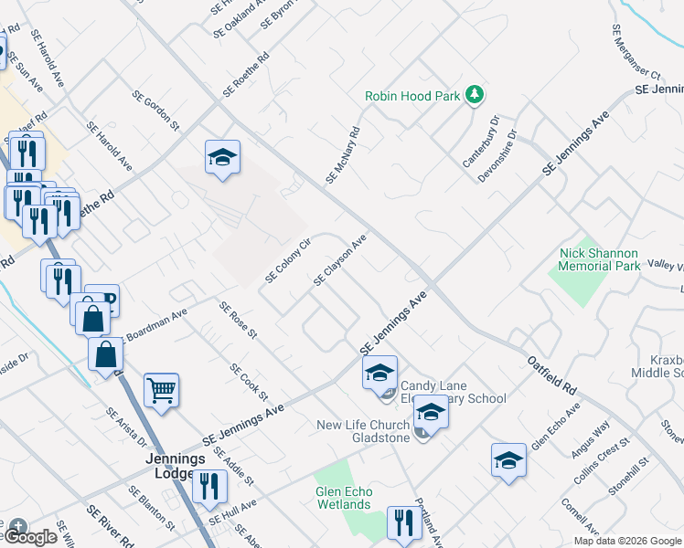map of restaurants, bars, coffee shops, grocery stores, and more near 17377 Southeast Colina Vista Avenue in Milwaukie
