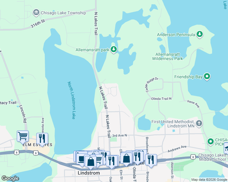 map of restaurants, bars, coffee shops, grocery stores, and more near 31057 Magnolia Ridge Way in Lindstrom