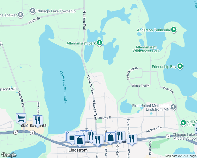 map of restaurants, bars, coffee shops, grocery stores, and more near 31057 Magnolia Ridge Way in Lindstrom