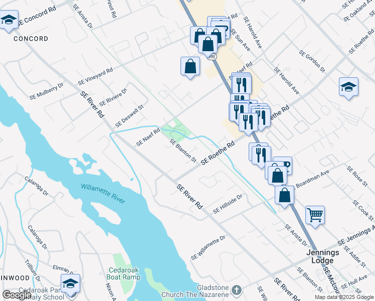 map of restaurants, bars, coffee shops, grocery stores, and more near 17322 Southeast Blanton Street in Milwaukie