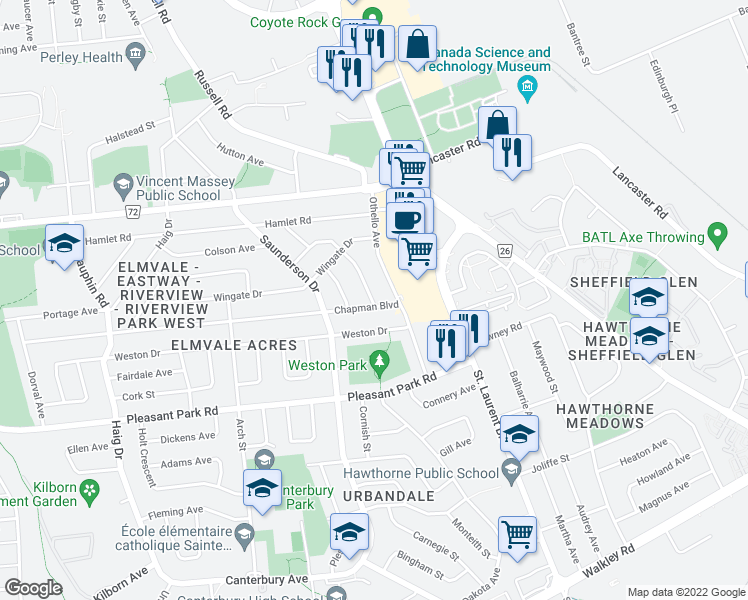 map of restaurants, bars, coffee shops, grocery stores, and more near 2029 Olympia Crescent in Ottawa