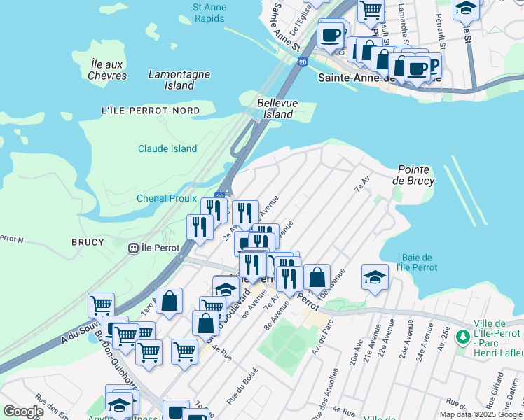 map of restaurants, bars, coffee shops, grocery stores, and more near 132 3e Avenue in L'Île-Perrot