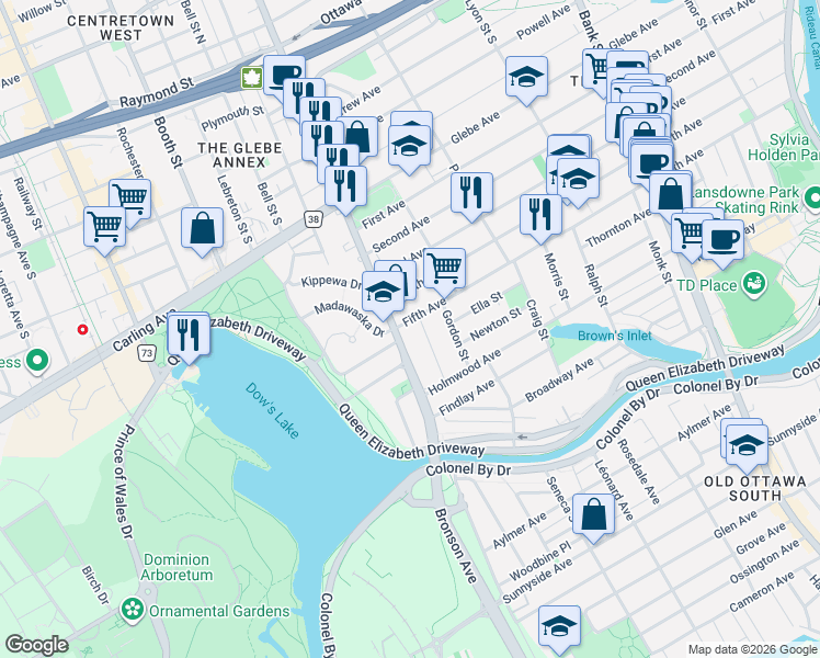 map of restaurants, bars, coffee shops, grocery stores, and more near 350 Fifth Avenue in Ottawa
