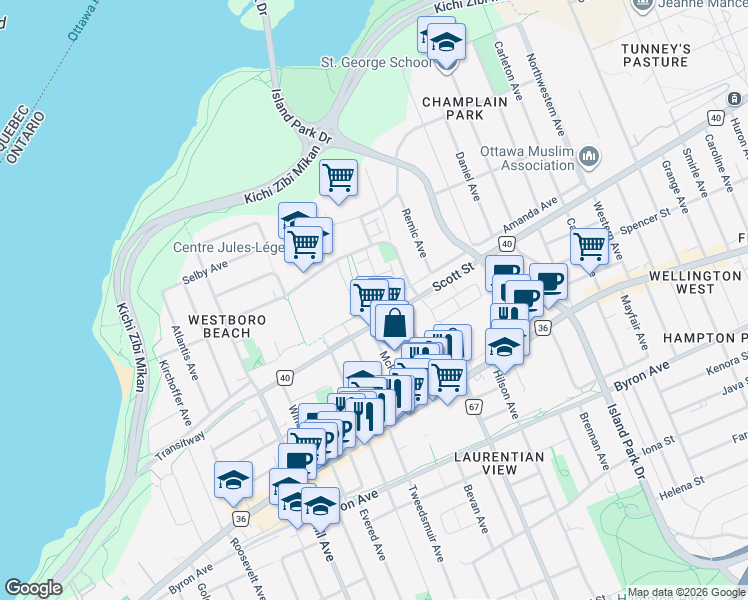 map of restaurants, bars, coffee shops, grocery stores, and more near 38 Metropole Private in Ottawa