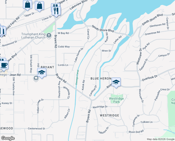 map of restaurants, bars, coffee shops, grocery stores, and more near 17757 Kelok Road in Lake Oswego