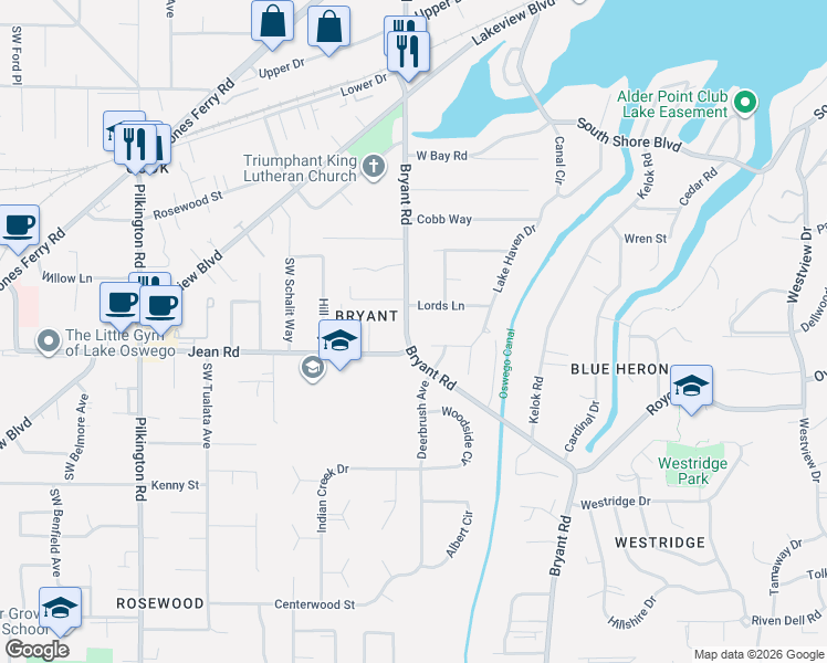 map of restaurants, bars, coffee shops, grocery stores, and more near 4431 Bernard Street in Lake Oswego