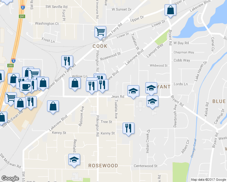 map of restaurants, bars, coffee shops, grocery stores, and more near 5225 Jean Road in Lake Oswego