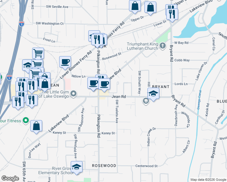map of restaurants, bars, coffee shops, grocery stores, and more near 5225 Jean Road in Lake Oswego