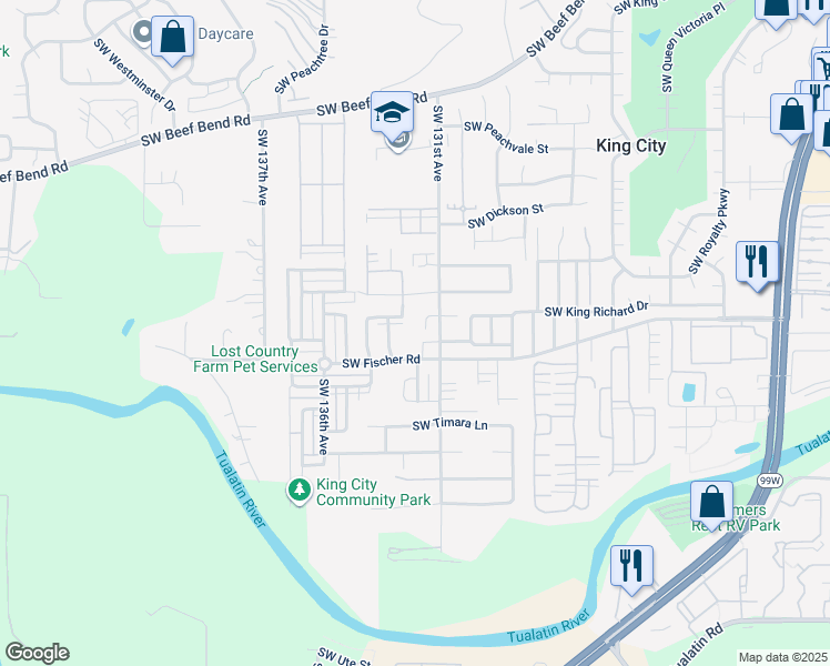 map of restaurants, bars, coffee shops, grocery stores, and more near 16935 Southwest 131st Avenue in King City