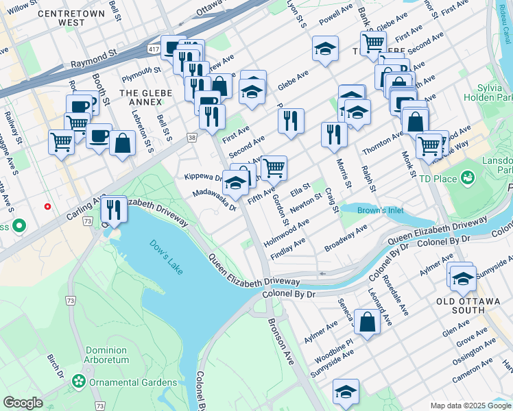 map of restaurants, bars, coffee shops, grocery stores, and more near in Ottawa