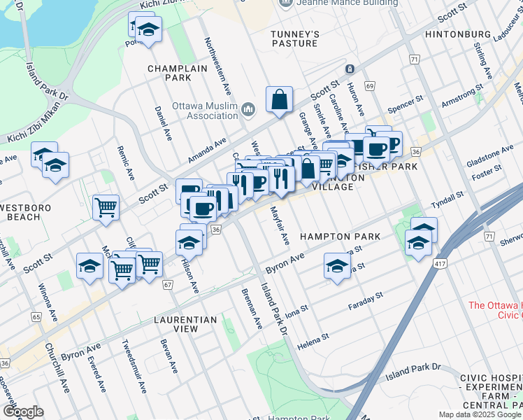 map of restaurants, bars, coffee shops, grocery stores, and more near 1440 Ottawa 36 in Ottawa