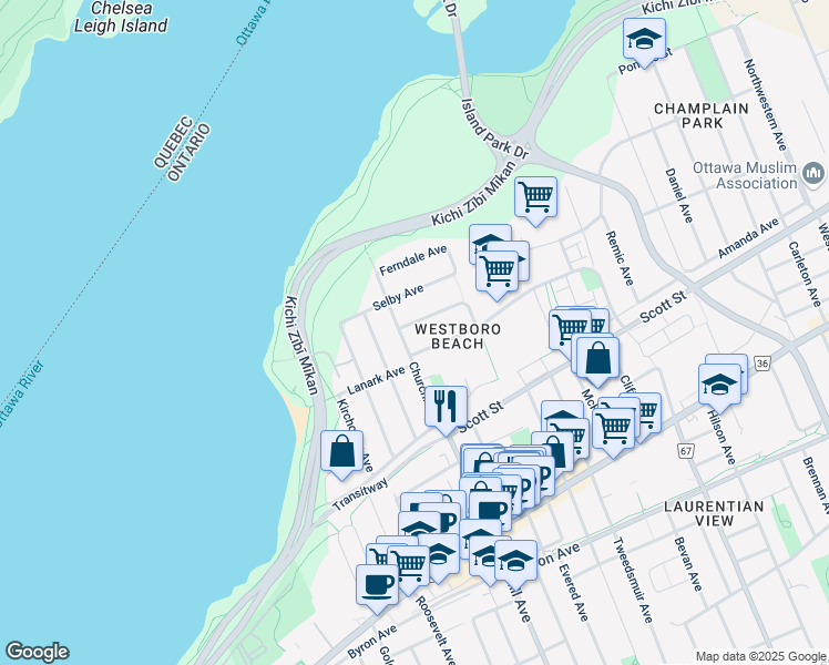map of restaurants, bars, coffee shops, grocery stores, and more near in Ottawa
