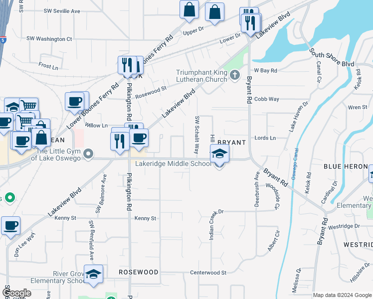 map of restaurants, bars, coffee shops, grocery stores, and more near 17730 Mardee Avenue in Lake Oswego