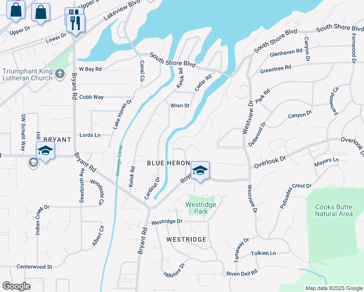 map of restaurants, bars, coffee shops, grocery stores, and more near 17556 Blue Heron Way in Lake Oswego