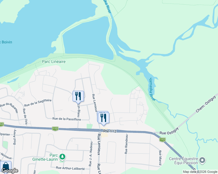 map of restaurants, bars, coffee shops, grocery stores, and more near 16 Rue Lemieux in Granby
