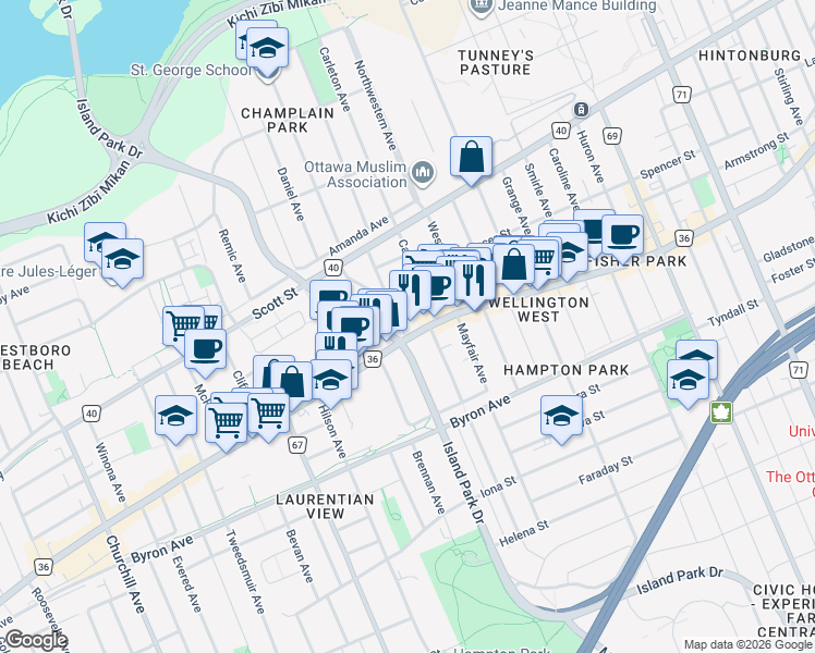 map of restaurants, bars, coffee shops, grocery stores, and more near in Ottawa