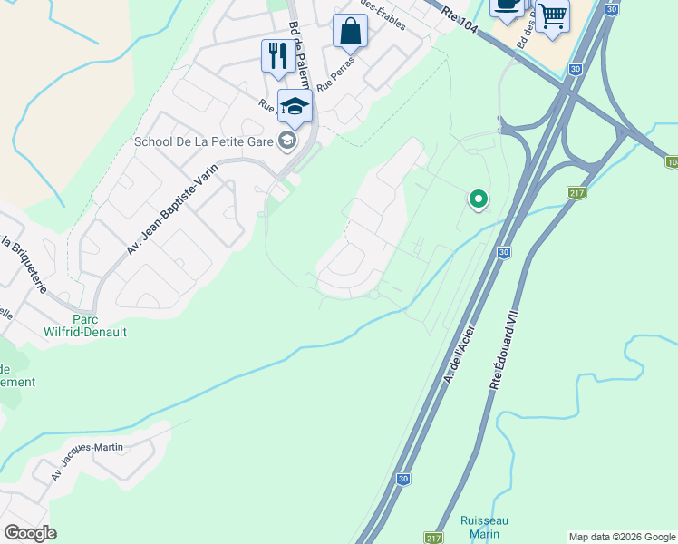 map of restaurants, bars, coffee shops, grocery stores, and more near 335 Rue du Croissant-Perlé in La Prairie