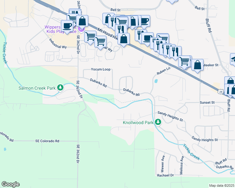 map of restaurants, bars, coffee shops, grocery stores, and more near 36740 Double Creek Drive in Sandy