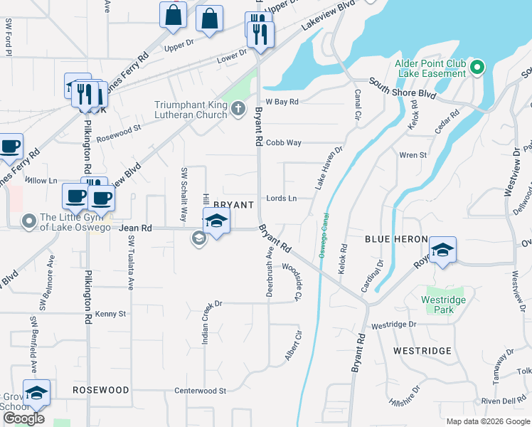 map of restaurants, bars, coffee shops, grocery stores, and more near 17615 Bryant Road in Lake Oswego