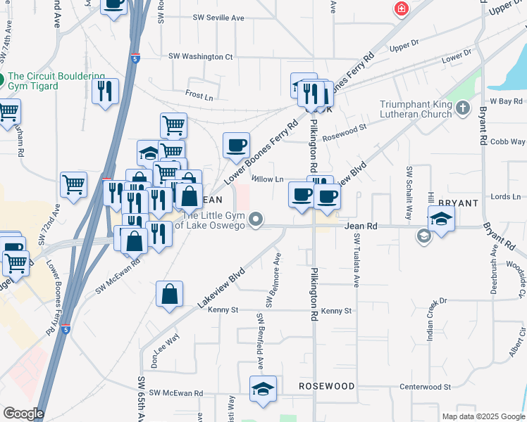 map of restaurants, bars, coffee shops, grocery stores, and more near 5755-5795 Jean Road in Lake Oswego