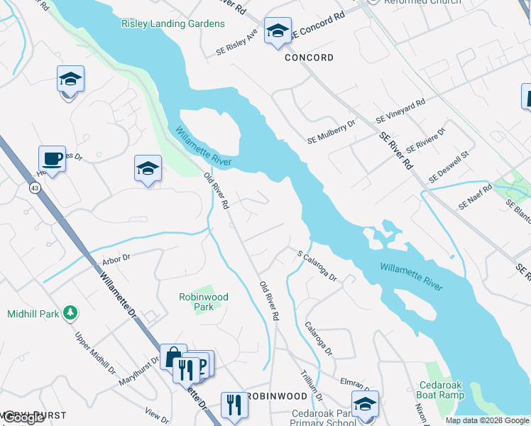 map of restaurants, bars, coffee shops, grocery stores, and more near 18380 River Edge Lane in Lake Oswego