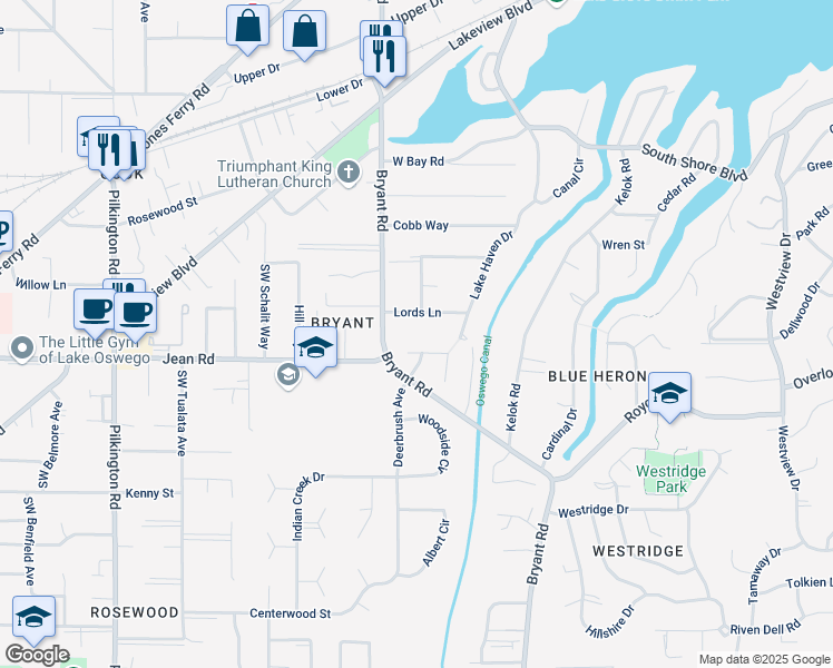 map of restaurants, bars, coffee shops, grocery stores, and more near 4394 Lords Lane in Lake Oswego