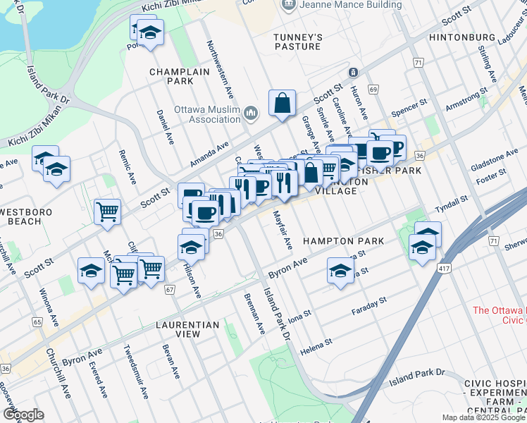 map of restaurants, bars, coffee shops, grocery stores, and more near 1422 Wellington Street West in Ottawa