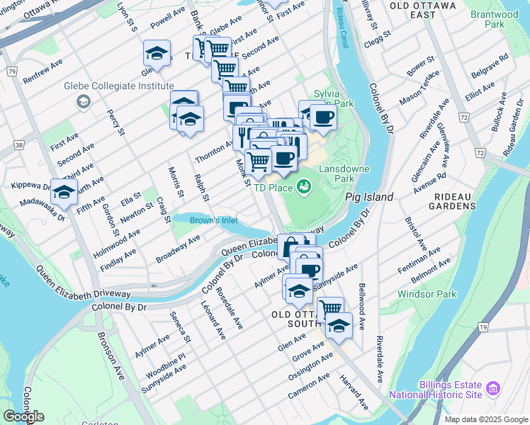 map of restaurants, bars, coffee shops, grocery stores, and more near 9 Wilton Crescent in Ottawa