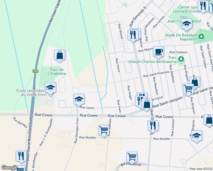 map of restaurants, bars, coffee shops, grocery stores, and more near 912 Rue du Verbe-Divin in Granby