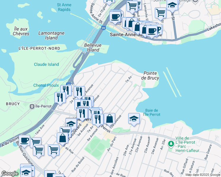 map of restaurants, bars, coffee shops, grocery stores, and more near 70 6e Avenue in L'Île-Perrot