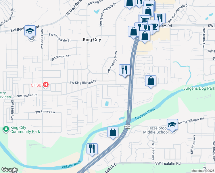 map of restaurants, bars, coffee shops, grocery stores, and more near Riverwood Heights in King City