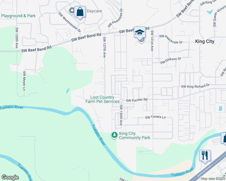 map of restaurants, bars, coffee shops, grocery stores, and more near 16865 Southwest Romeo Terrace in King City