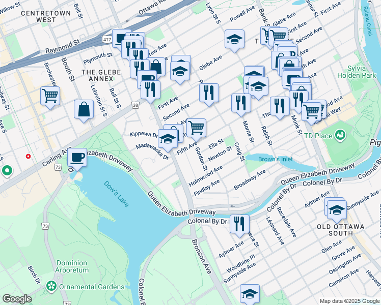 map of restaurants, bars, coffee shops, grocery stores, and more near in Ottawa