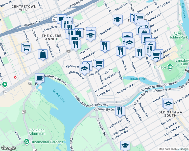 map of restaurants, bars, coffee shops, grocery stores, and more near in Ottawa