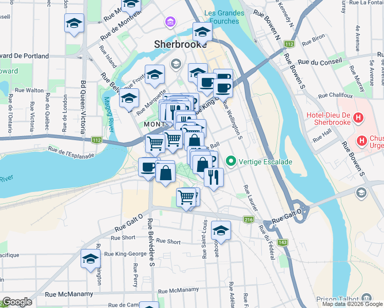 map of restaurants, bars, coffee shops, grocery stores, and more near Rue Alexandre in Sherbrooke