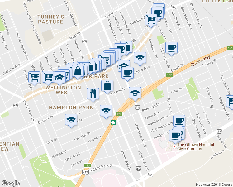 map of restaurants, bars, coffee shops, grocery stores, and more near 183 Hinton Avenue North in Ottawa